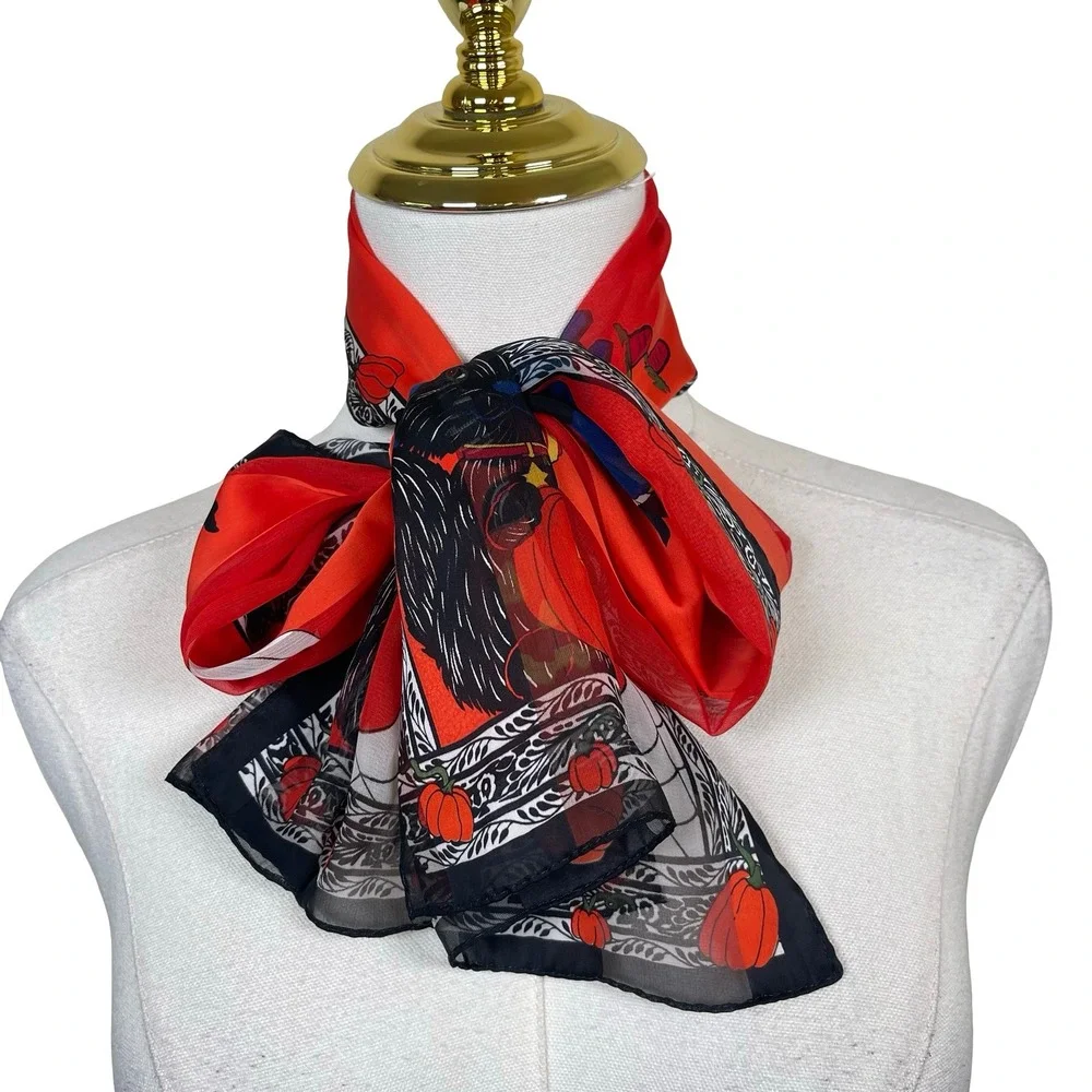 Vintage Halloween Scarf Women Orange Black Cat Witch Pumpkin Ghost Sheer Chiffon